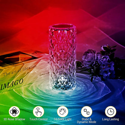 Table Rose LED Crystal Lamp with Touch/Remote Control 16 Colours