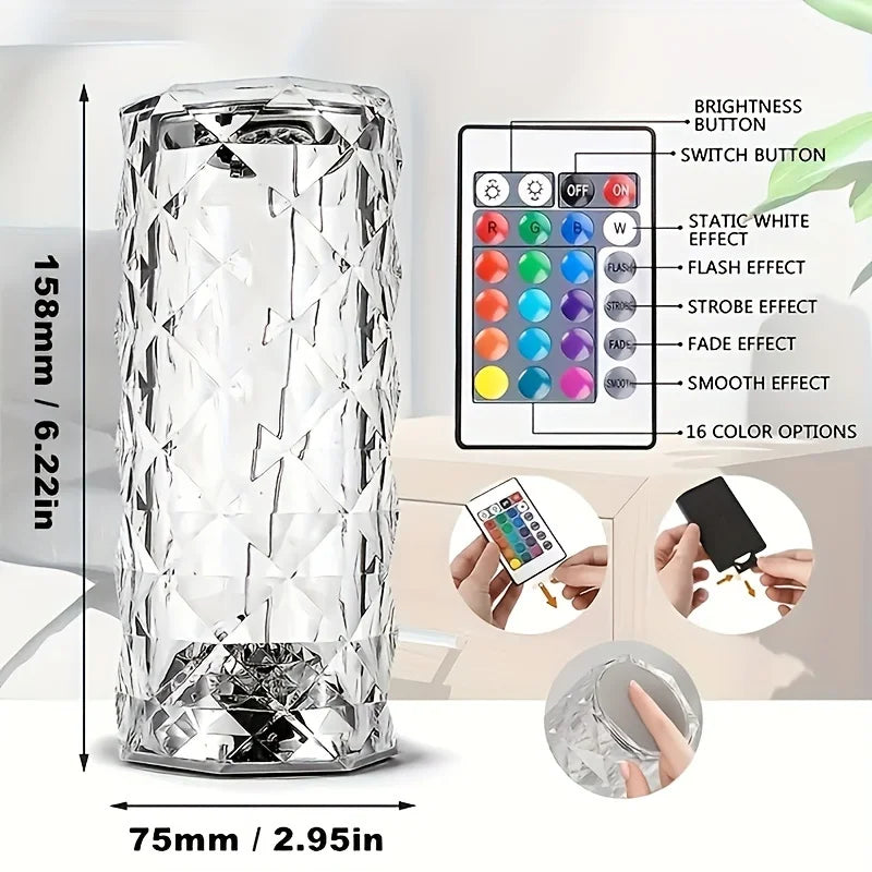 Table Rose LED Crystal Lamp with Touch/Remote Control 16 Colours