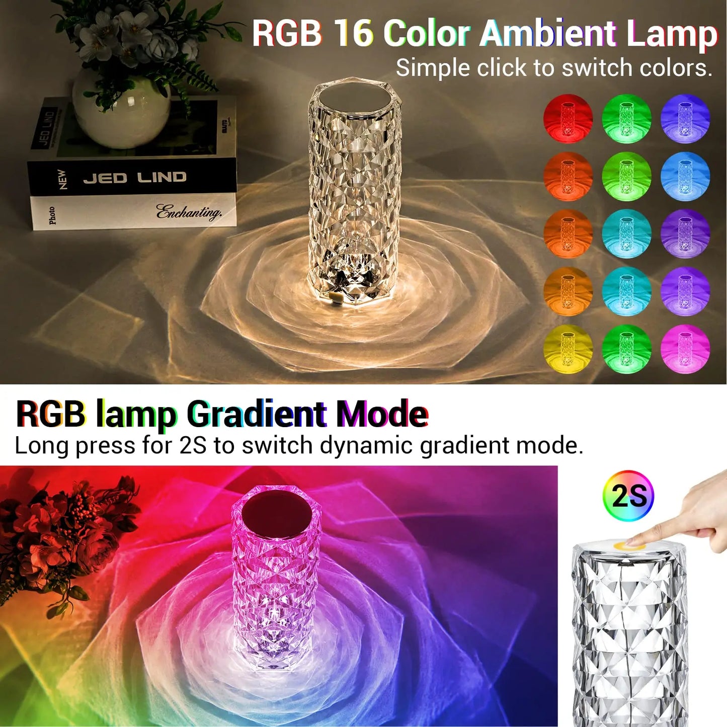 Table Rose LED Crystal Lamp with Touch/Remote Control 16 Colours